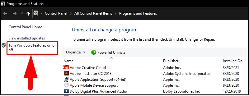 Chọn Turn Windows features on or off